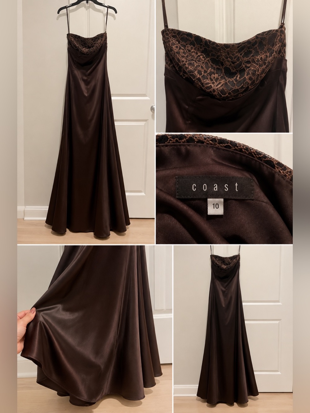 Coast Chocolate Brown Satin A-Line Maxi Skirt with Lace Trim